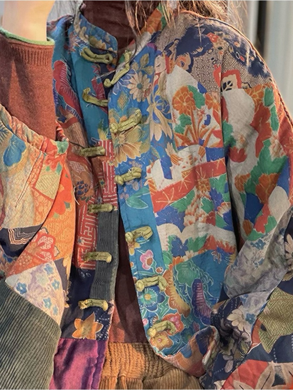 Multicolor Patchwork Floral Mandarin Quilted Jacket